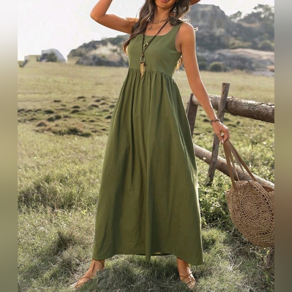 NEW Textured Cotton Cami Tank Maxi Dress Olive Green - Picture 2 of 8